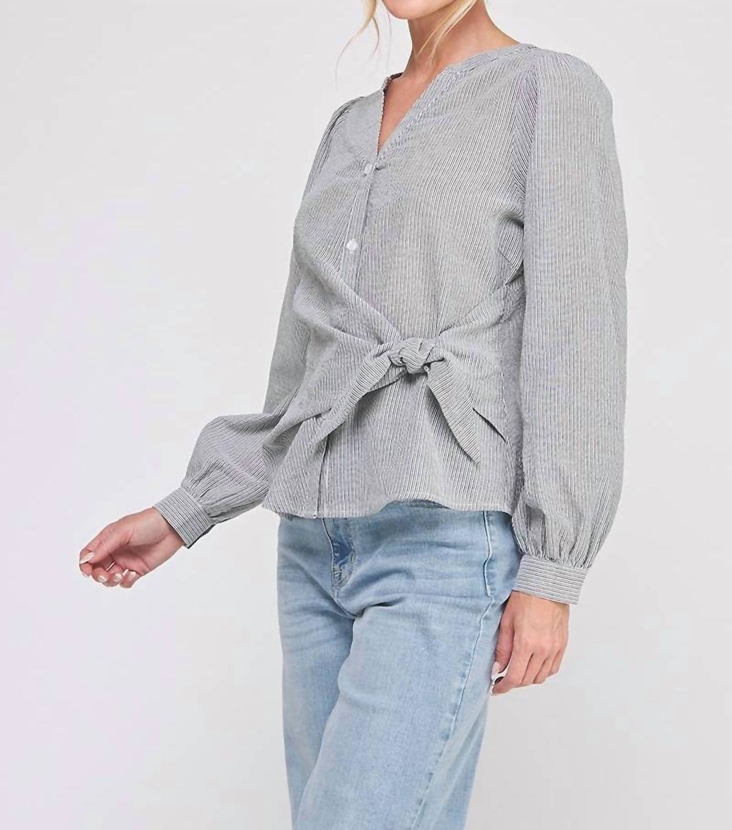 ALLIE ROSE Side Wrap Blouse in black white - women's blouse - detail view