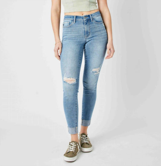 Judy Blue - Mid-Rise Distressed Cuff Skinny Jeans