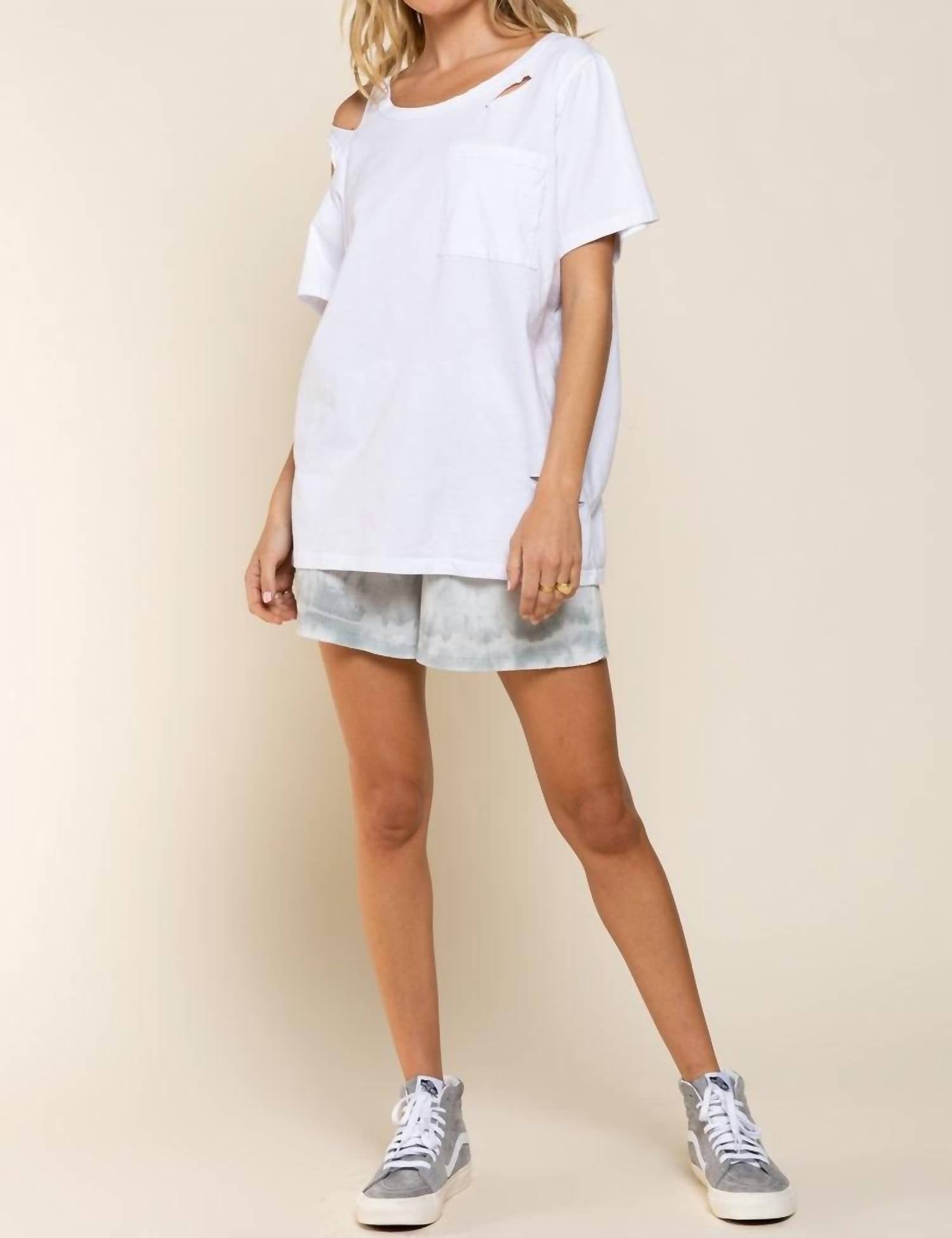 POL Distressed Short Sleeve Cotton Top in white - women's t-shirt - detail view