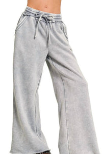 Zenana - Women's Acid Wash Fleece Palazzo Sweatpants With Pockets