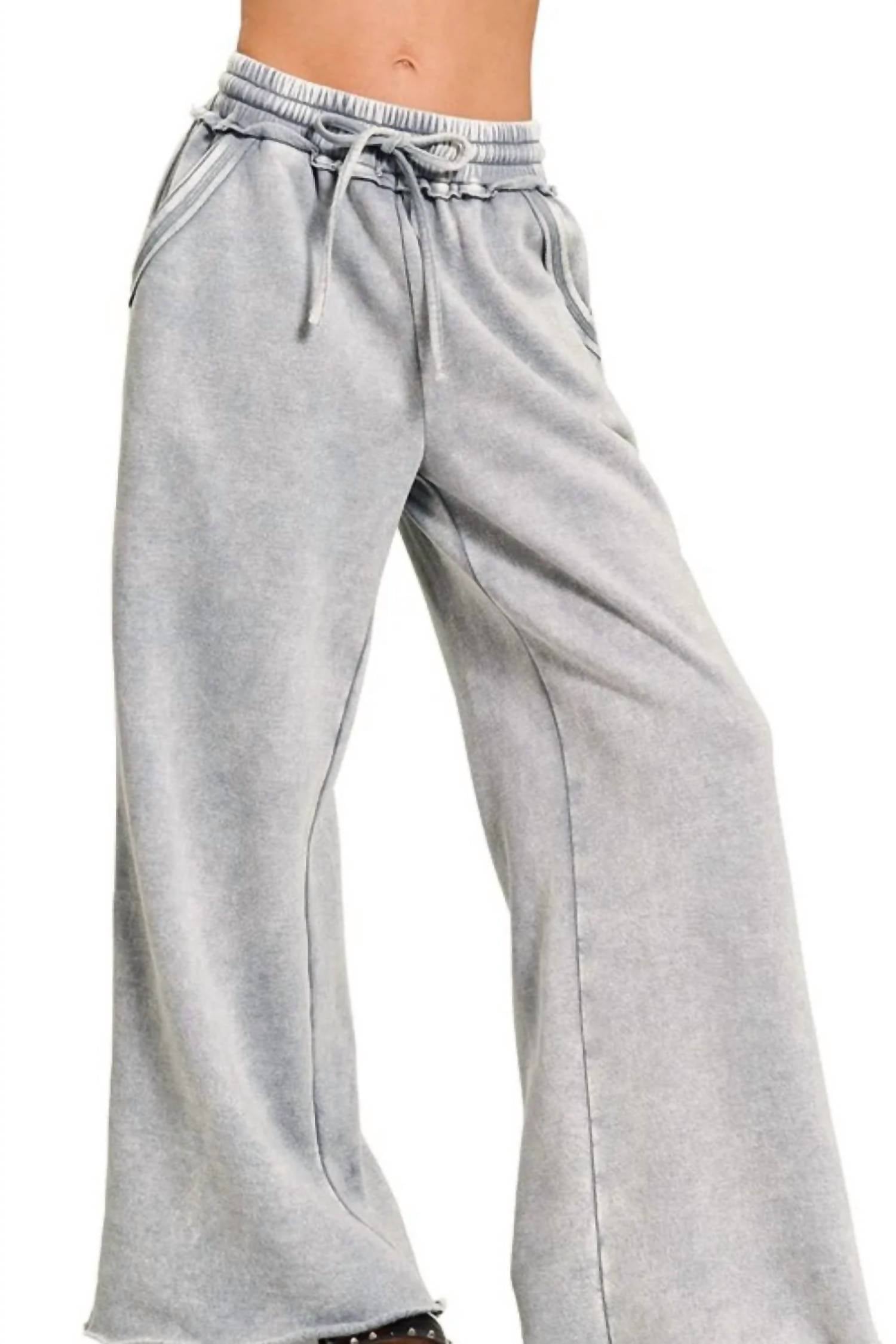 Zenana - Women's Acid Wash Fleece Palazzo Sweatpants With Pockets