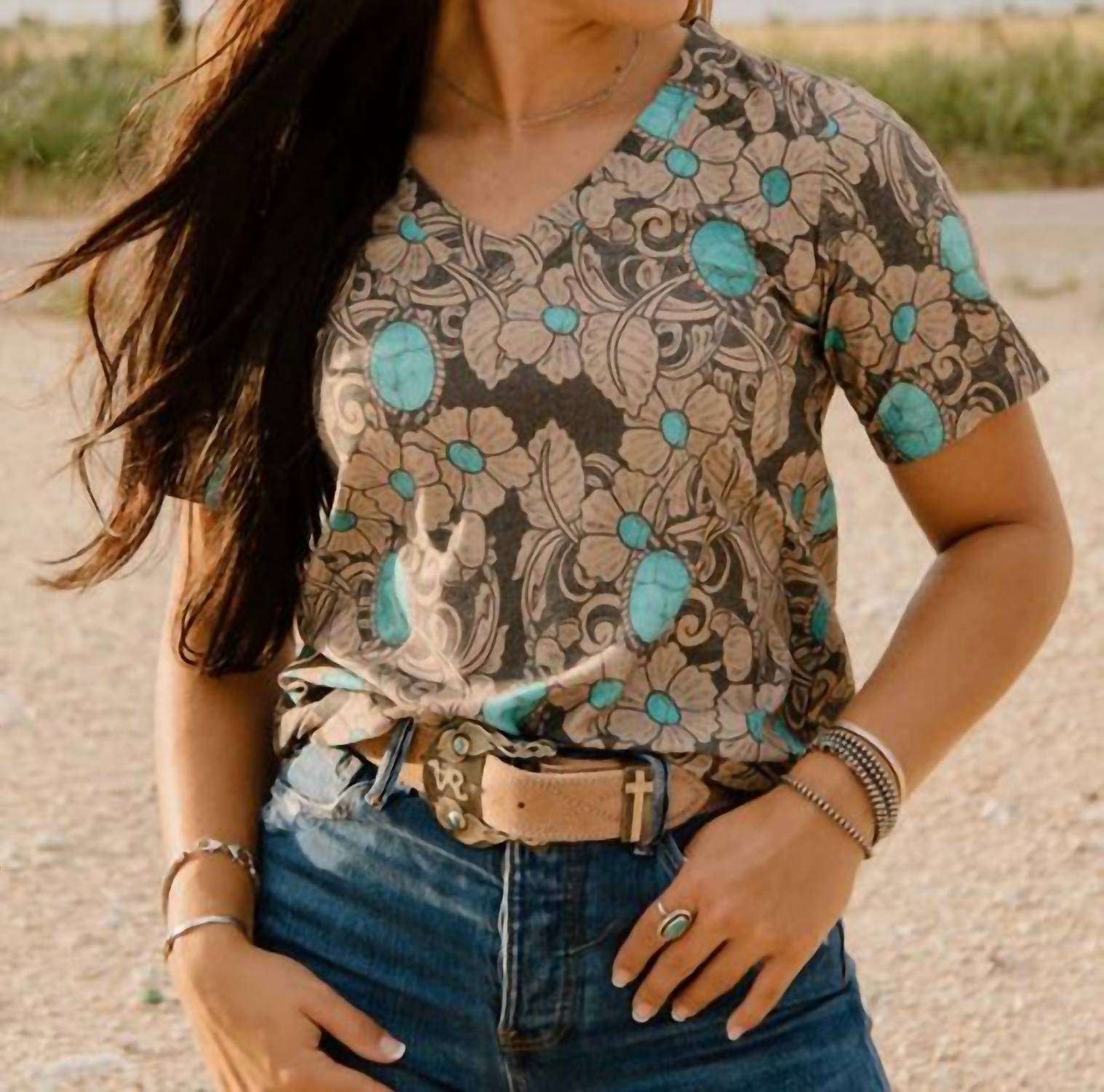 Sterling Kreek Women's Tattoos On This Town Print V-neck Top in turquoise multi - women's t-shirt