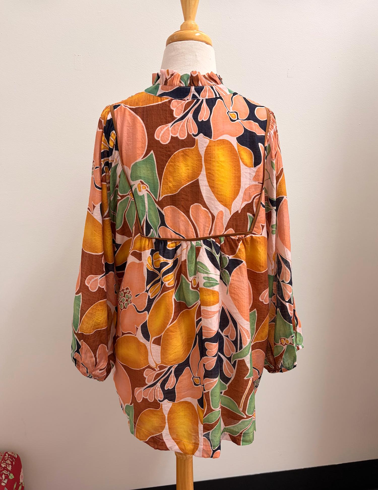 Umgee - Abstract Floral Print Blouse With Ruffle Neck