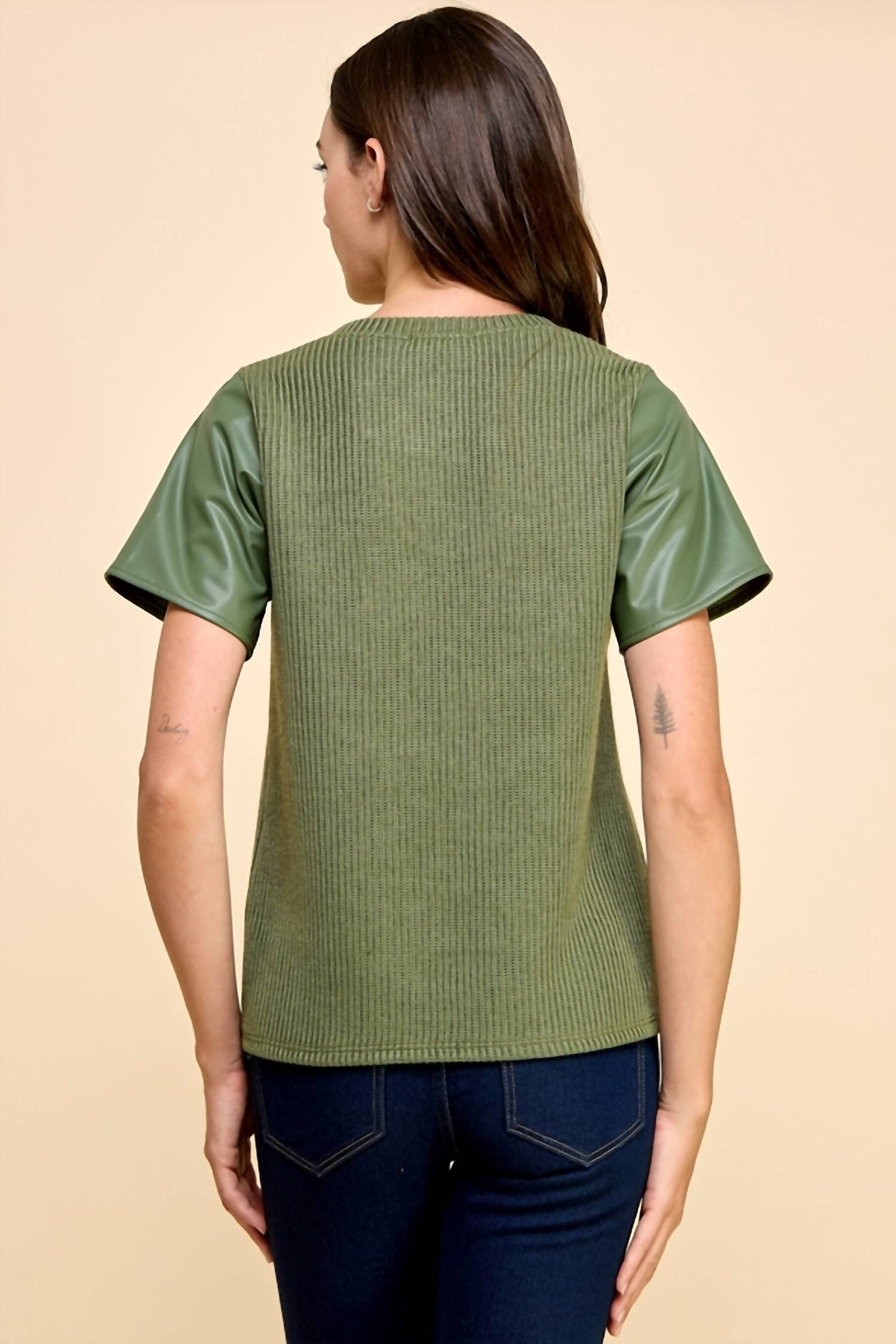 Les Amis - Knit Solid Top With Faux Leather Sleeves