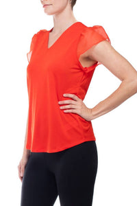 Adrianna Papell - V-neck Organza Flutter Sleeve Solid Moss Crepe Top