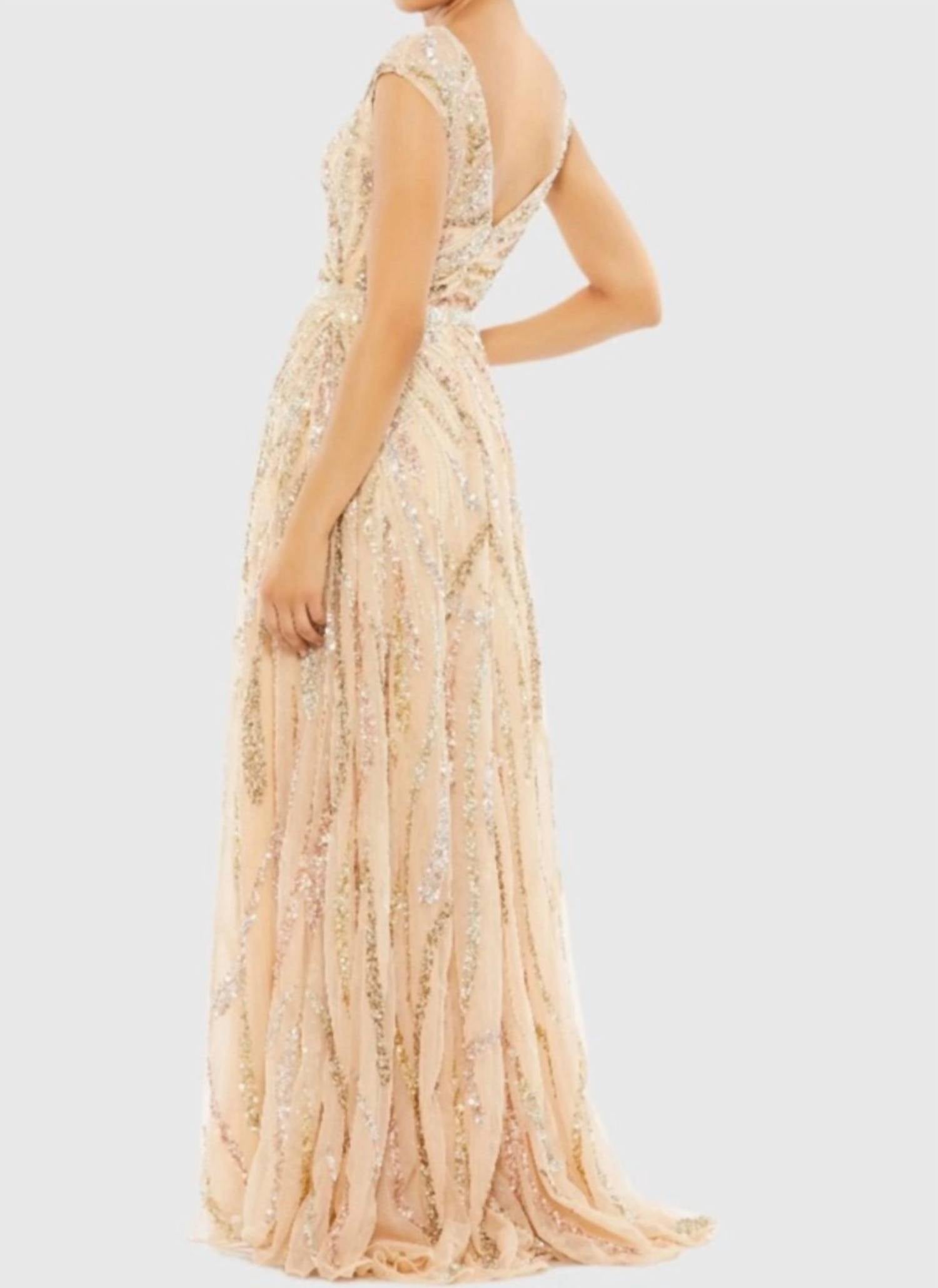 MAC DUGGAL Cap Sleeve Embellished Evening Gown in beige - women's dress - detail view