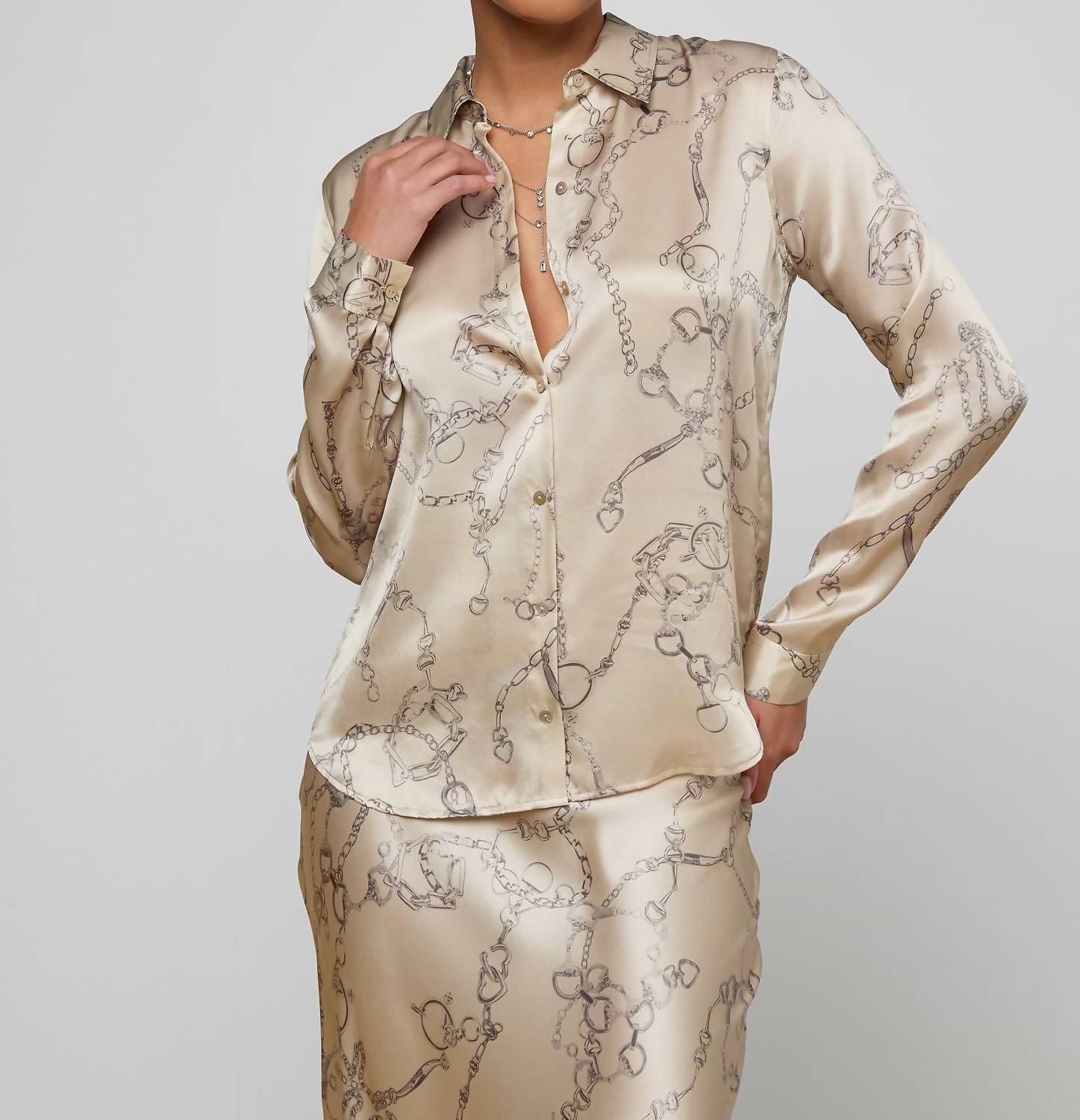 L'Agence Tyler Long Sleeve Blouse in soft macadamia chain - women's blouse