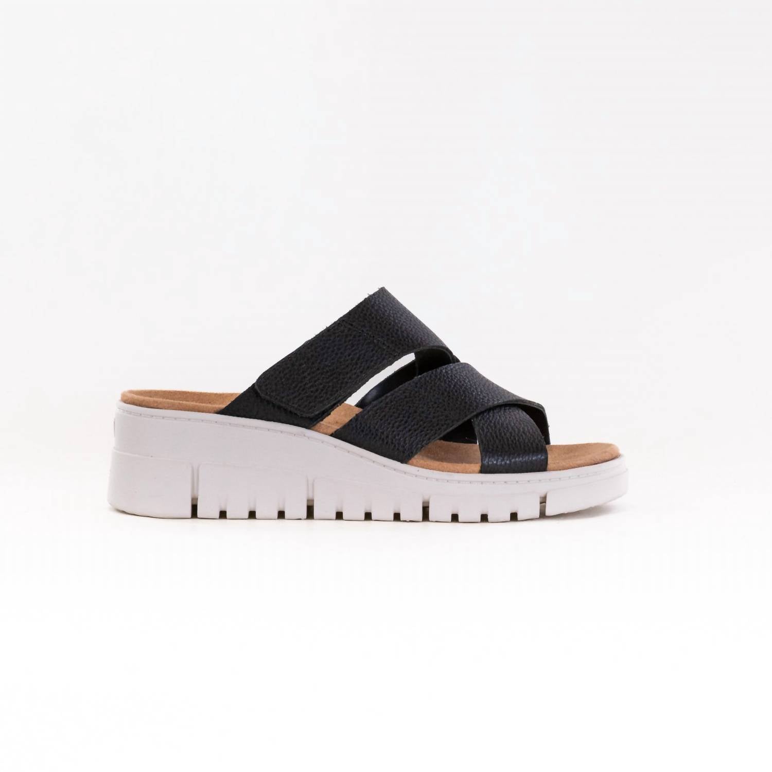 VIONIC Women's Uptown Sunset Wedge Sandal in black leather - women's sandal