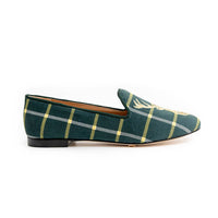HOUSE OF ZALO Women's Stag Slipper Printed Velvet Slippers in plaid - women's shoe - detail view