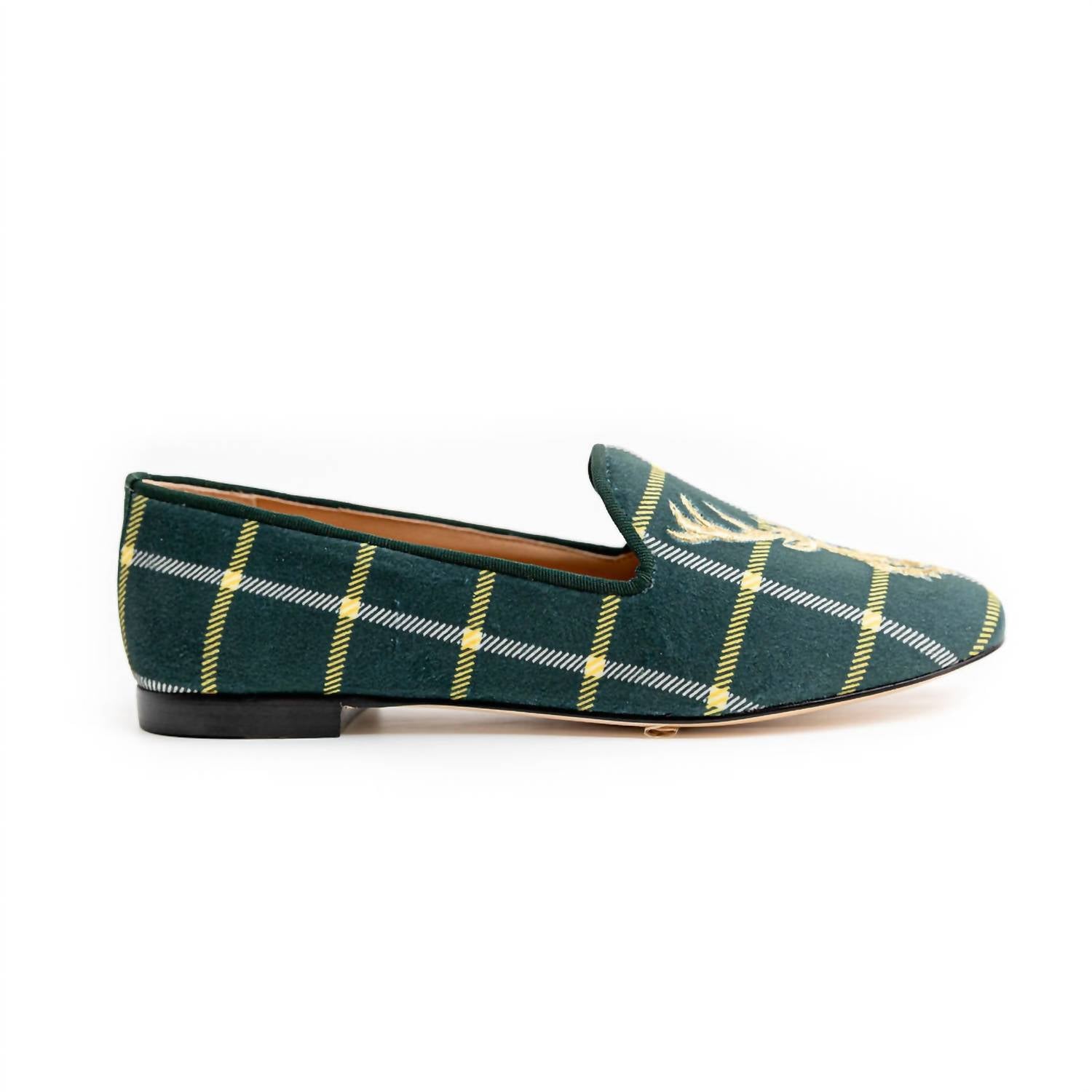 HOUSE OF ZALO Women's Stag Slipper Printed Velvet Slippers in plaid - women's shoe - detail view