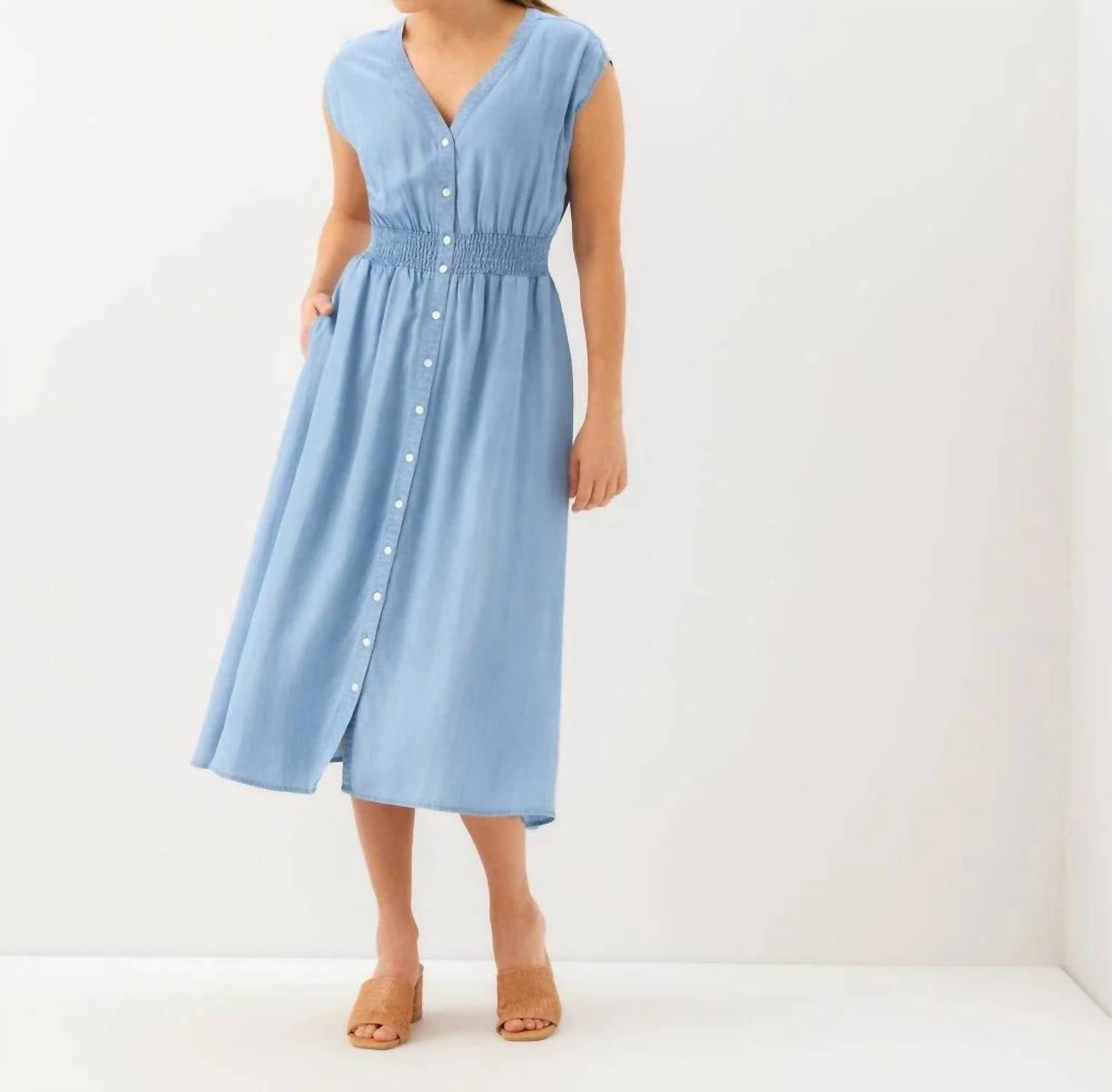 Karen Kane - Cap Sleeve Smocked Waist Button-up Midi Dress - Petite
