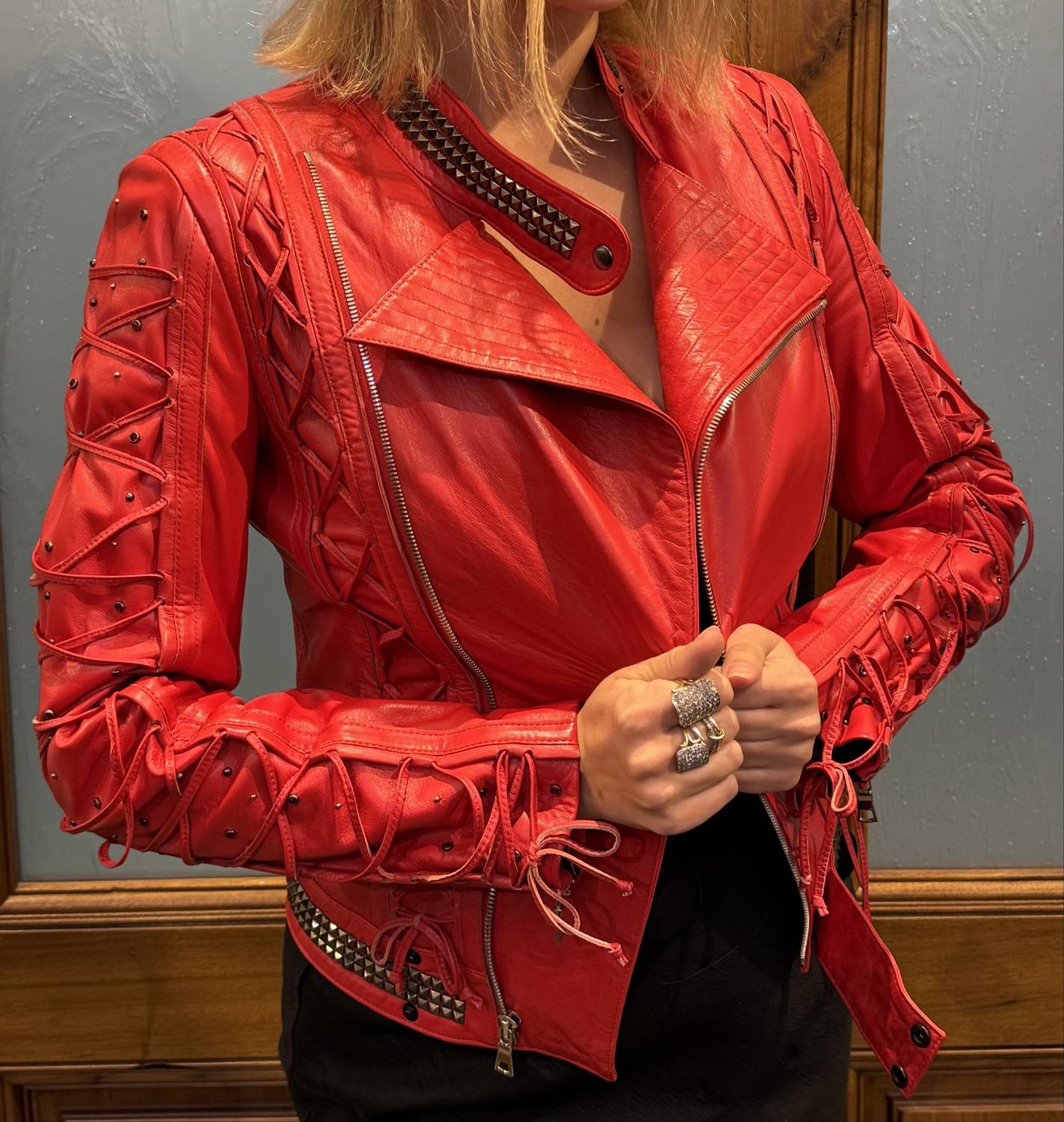 Kippys Laced Heart Leather Moto Jacket in red - women's jacket