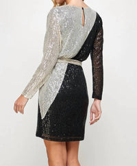 See And Be Seen - Sequin Color Blocked Long Sleeve Dress With Sash