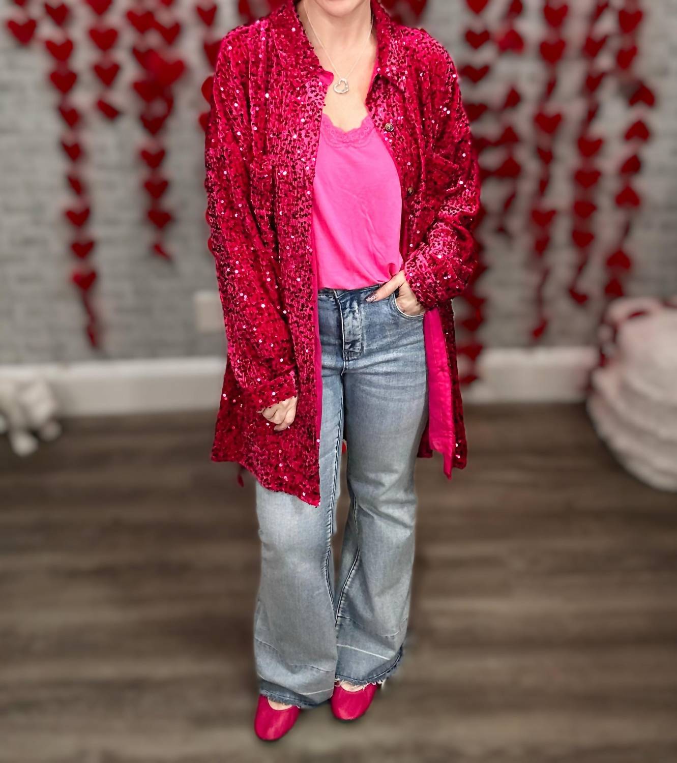 Davi & Dani - Sequins And Velvet Button Down Shirt Dress Cardigan