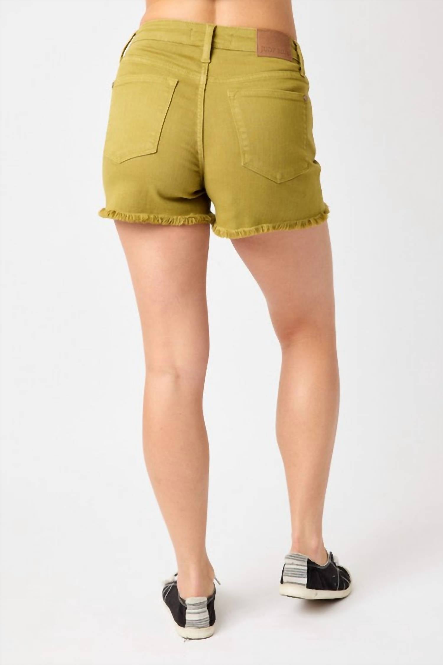 Judy Blue Mid Rise Garment Dyed Fray Hem Shorts in matcha - women's shorts - detail view