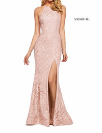 Sherri Hill Lace Halter Gown High Slit Rhinestone Dress in blush - women's dress