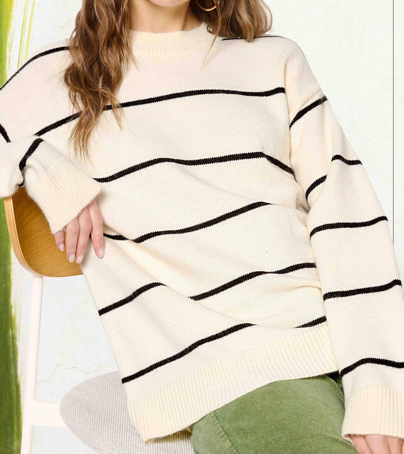 LA MIEL Loose Fit Stripe Long Sleeve Crew Sweater in powder - women's sweater - detail view