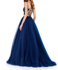 ASHLEYlauren Structured Lace Crop Gown With Tulle Skirt in navy - women's dress - detail view