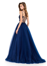ASHLEYlauren Structured Lace Crop Gown With Tulle Skirt in navy - women's dress - alternate view