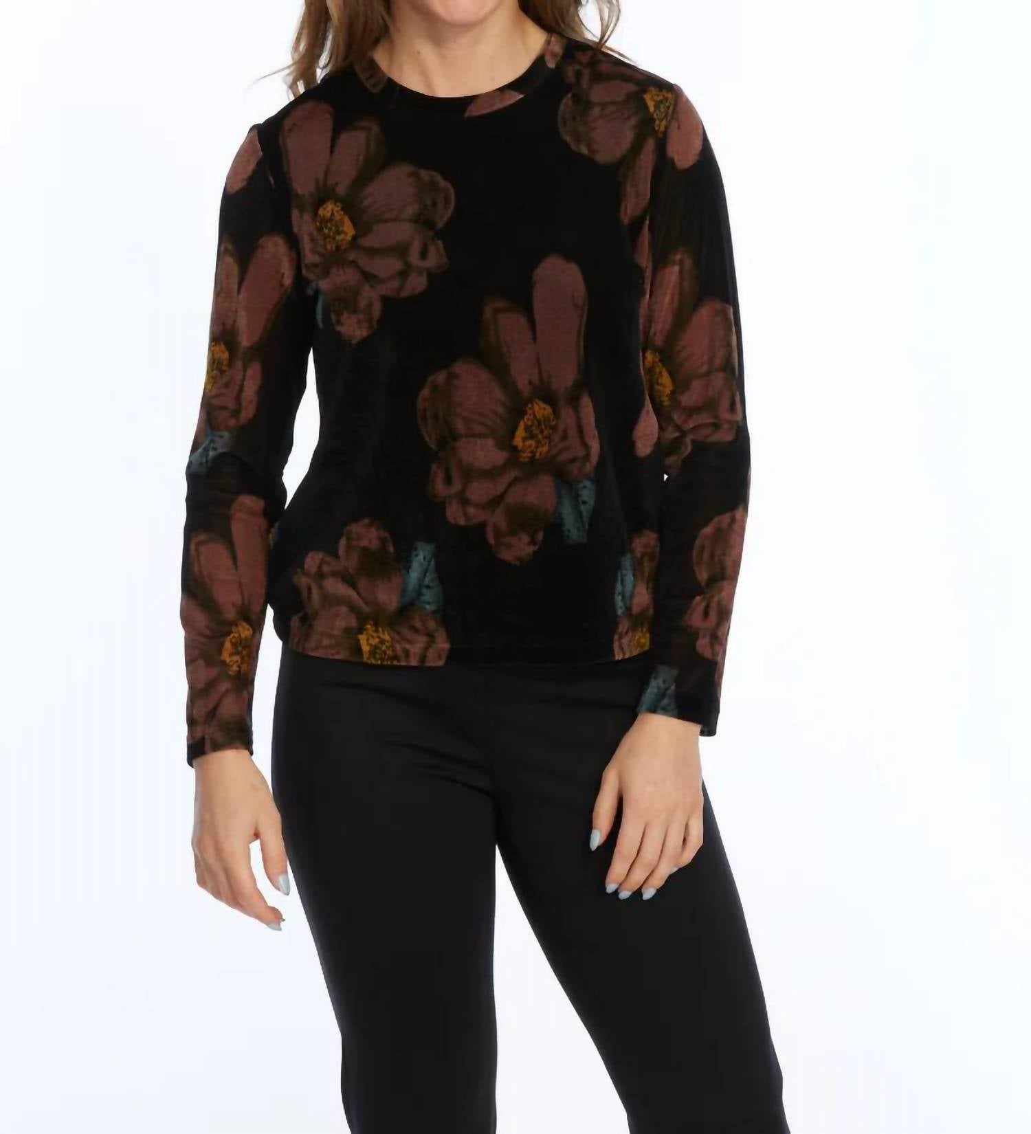 LIOR Velvet Mesh round neck top in black brown blue - women's long sleeve top
