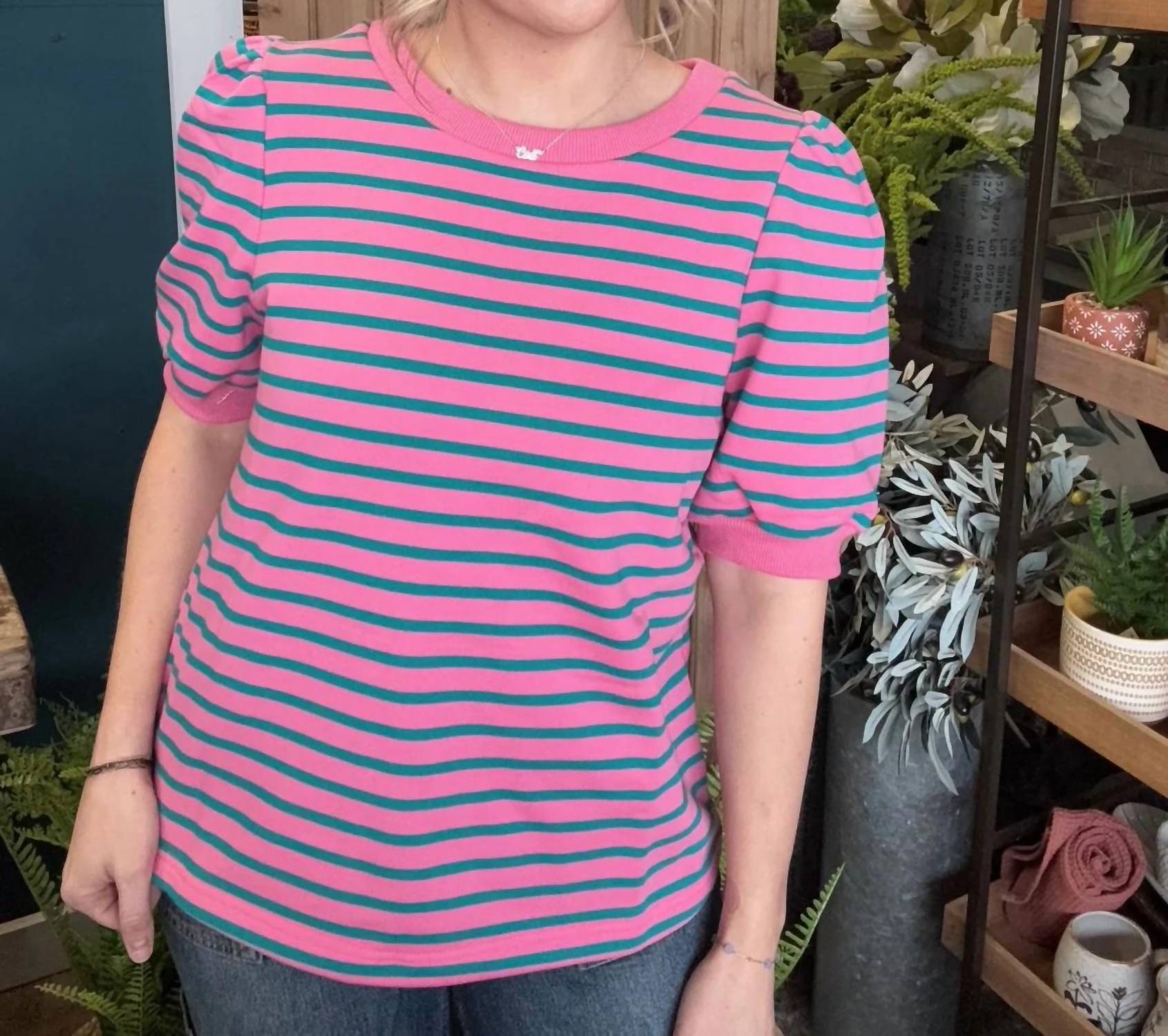Anniewear - Striped Puff Sleeve Boutique Top