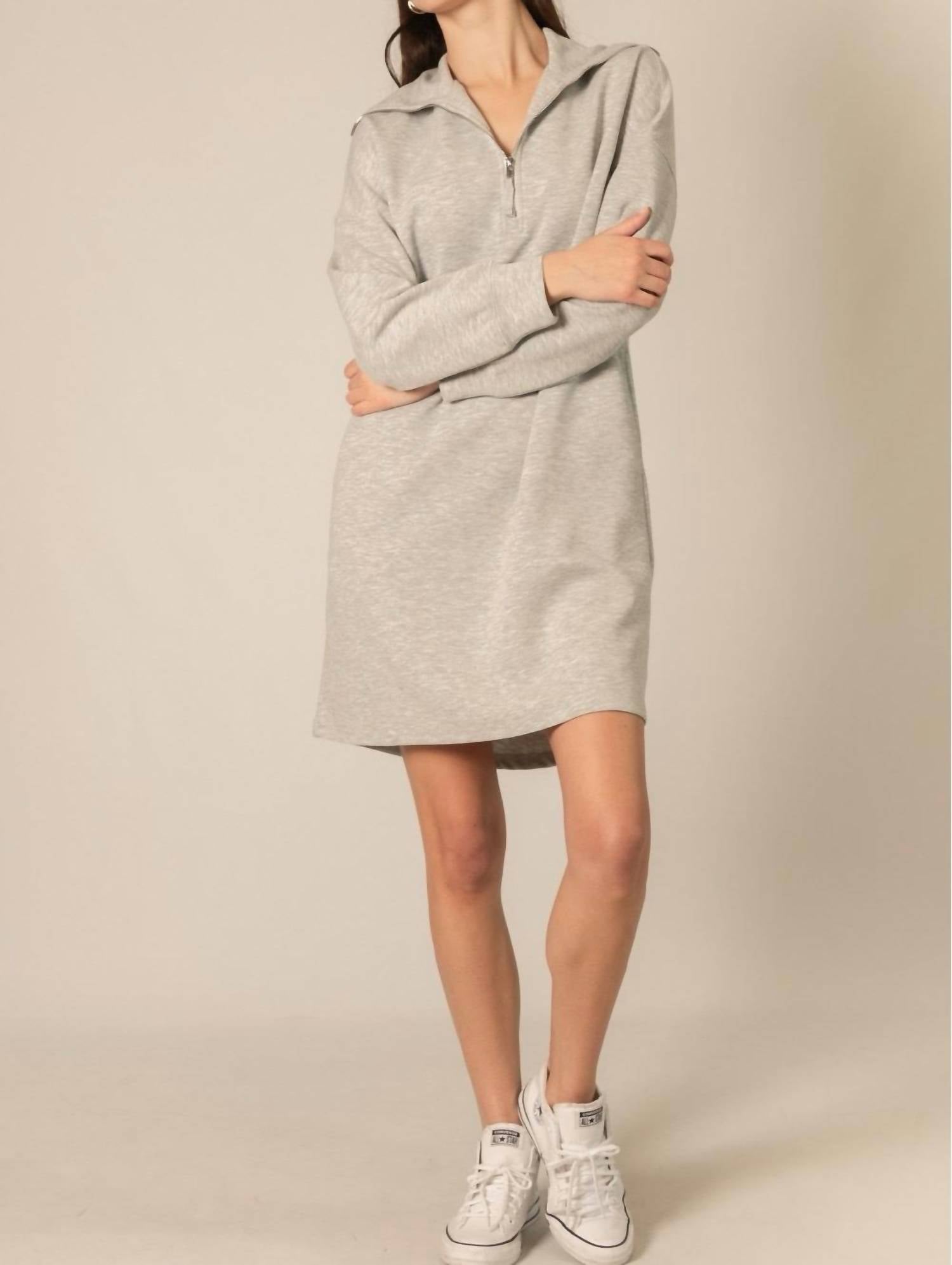 P.CILL Butter Modal Quarter Zip Long Sleeve Dress in heather grey - women's dress