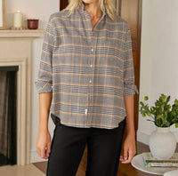 Frank & Eileen Relaxed Long Sleeve Button-up Shirt in camel and black plaid - women's shirt