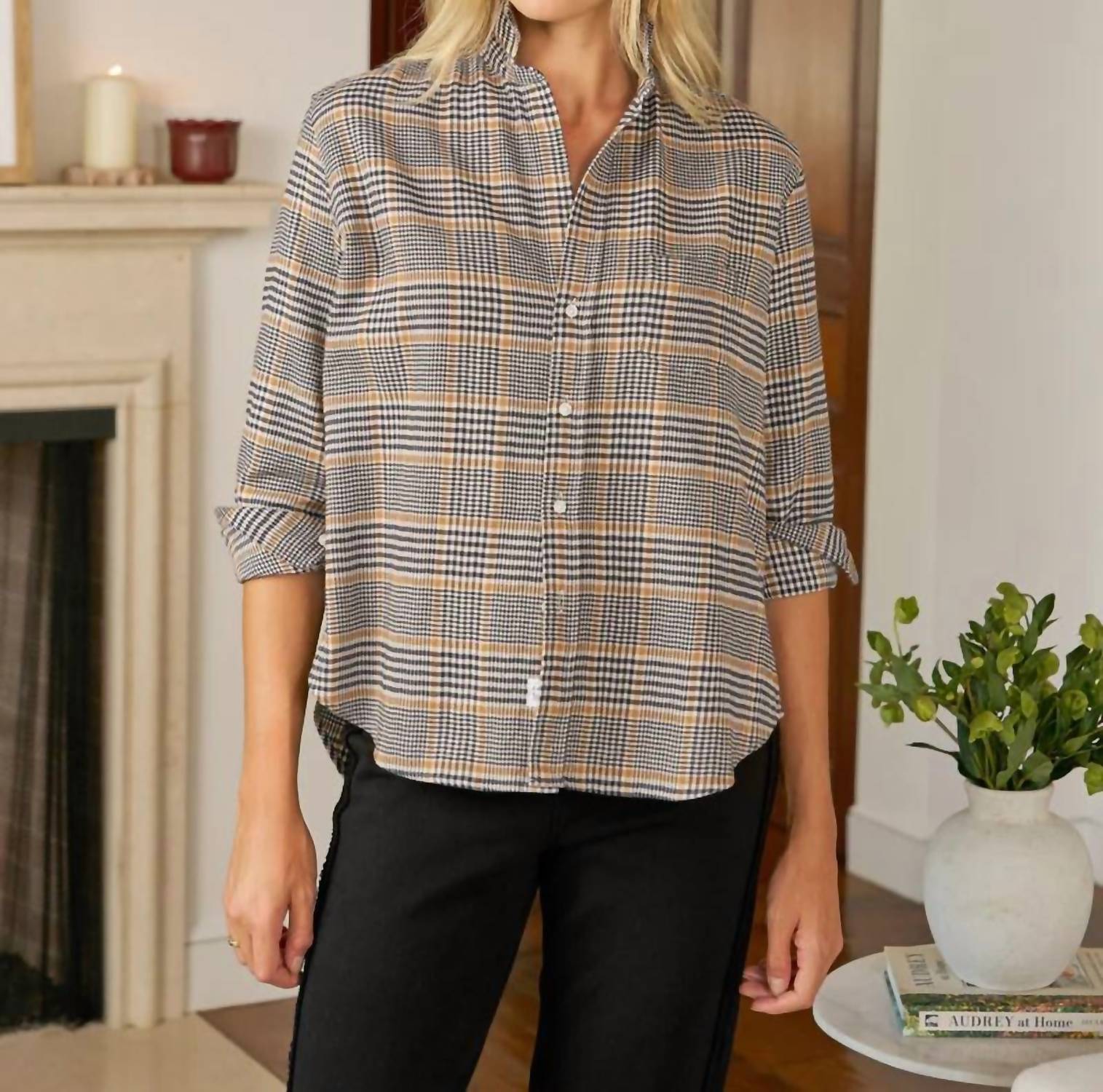 Frank & Eileen Relaxed Long Sleeve Button-up Shirt in camel and black plaid - women's shirt