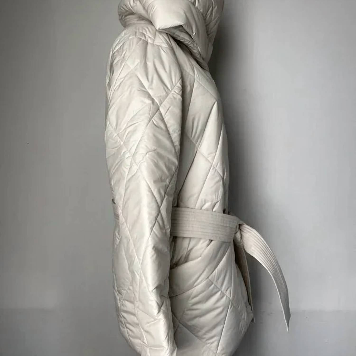 Lilla P Women’s Quilted Hooded Belted Puffer Coat in opal beige - women's jacket - detail view