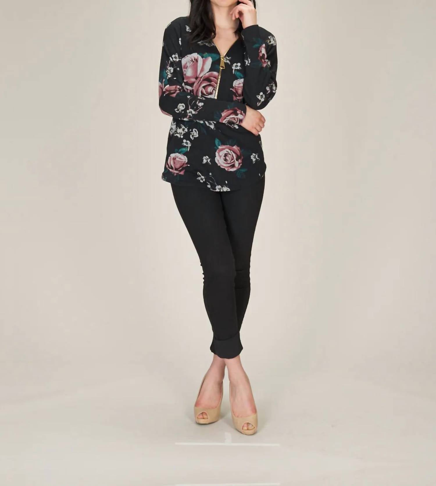 Papillon - Rose Print Sweater With Zipper Detail