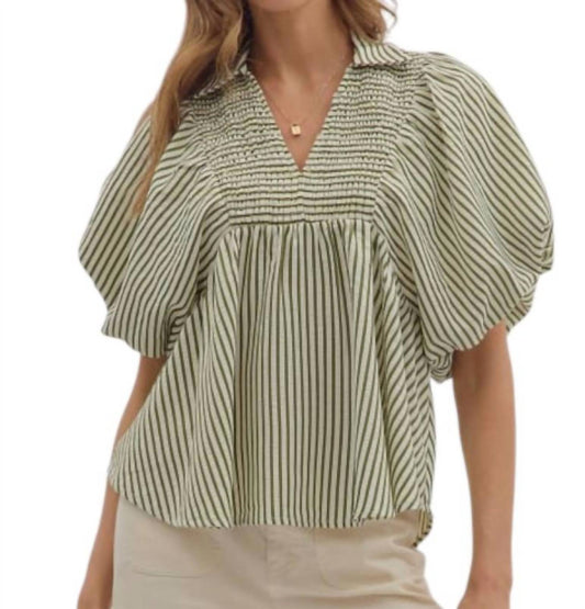 Entro - Stripe Short Sleeve Smocked Dolman Top