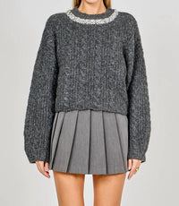 Endless Rose - Jewel Embroidered Cable Knit Chunky Sweater
