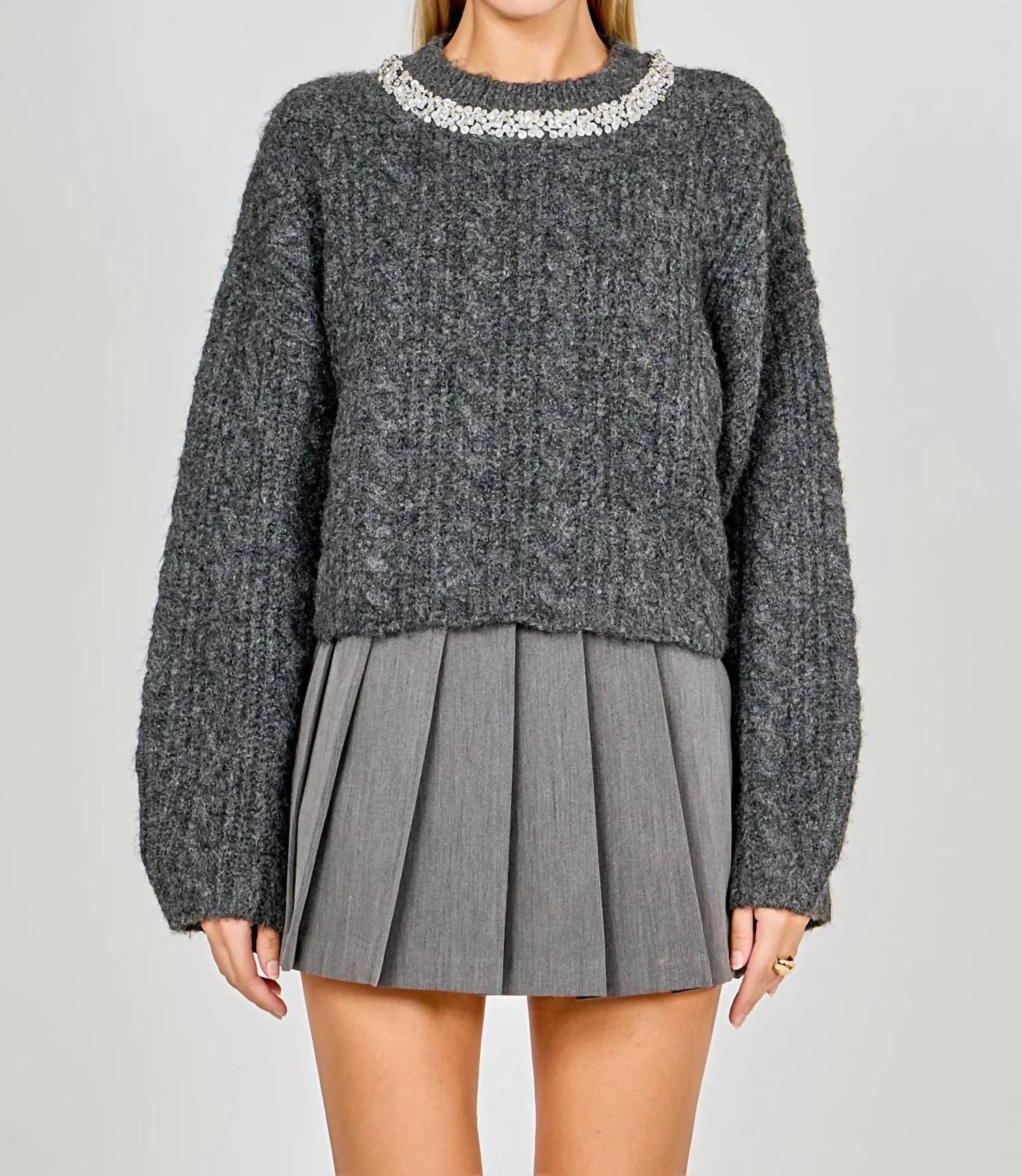 Endless Rose - Jewel Embroidered Cable Knit Chunky Sweater