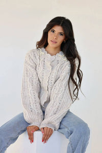 Miou Muse - Emilia Scalloped Cable Knit Balloon Sleeve Cardigan