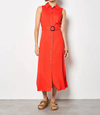 Apricot - Sleeveless Belted Shirt Midi Dress