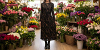 Soya Concept Graphic Long Sleeve Tie Waist Maxi Dress in black - women's dress - detail view