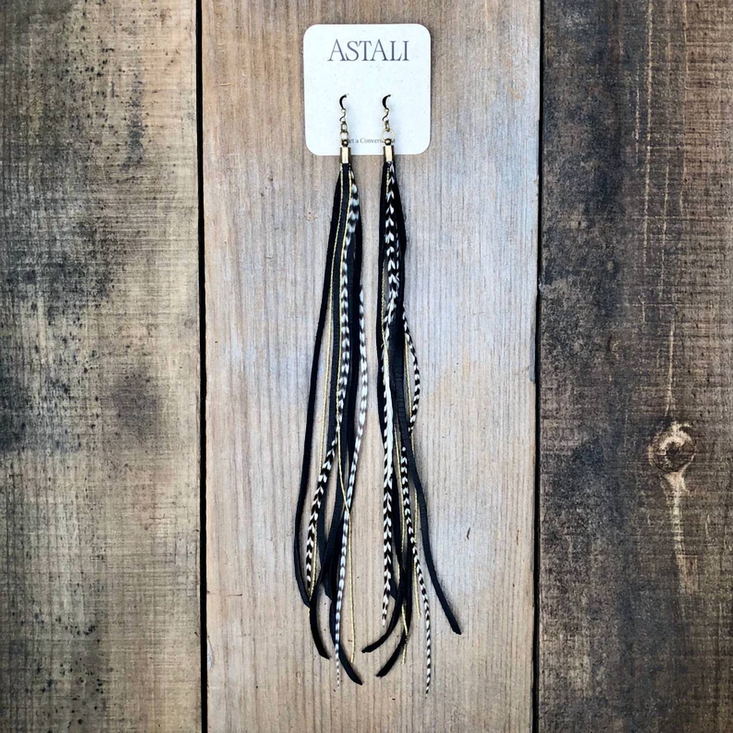 Astali - Women's Leather, Feather Antique Brass Long Earring