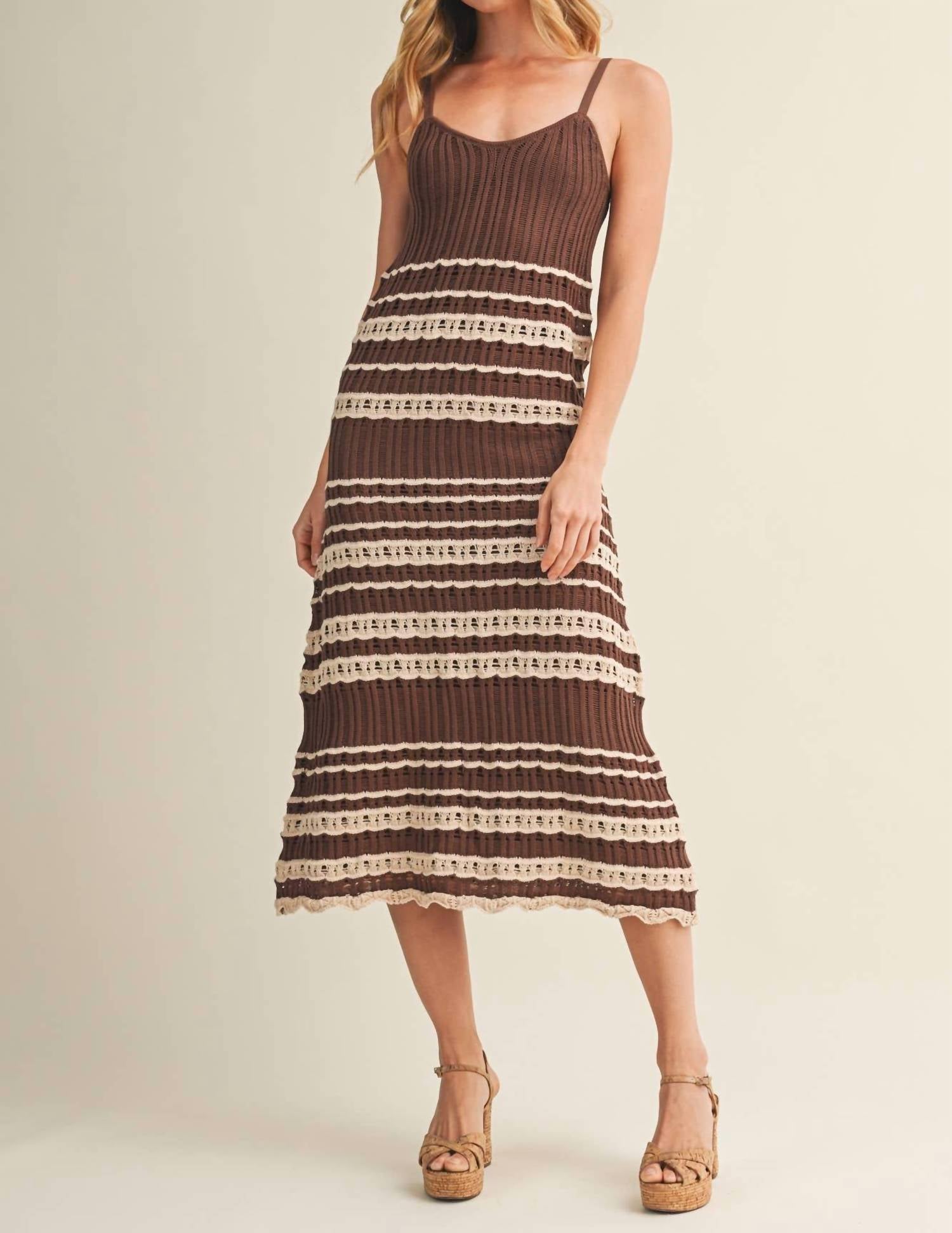 Mustard Seed Crochet Lace Inset Ribbed Dress in choco - women's dress - detail view