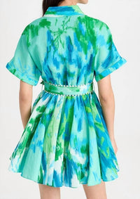 HEMANT & NANDITA Short Dress With Buckle Belt With Collar in blue green - women's dress - detail view
