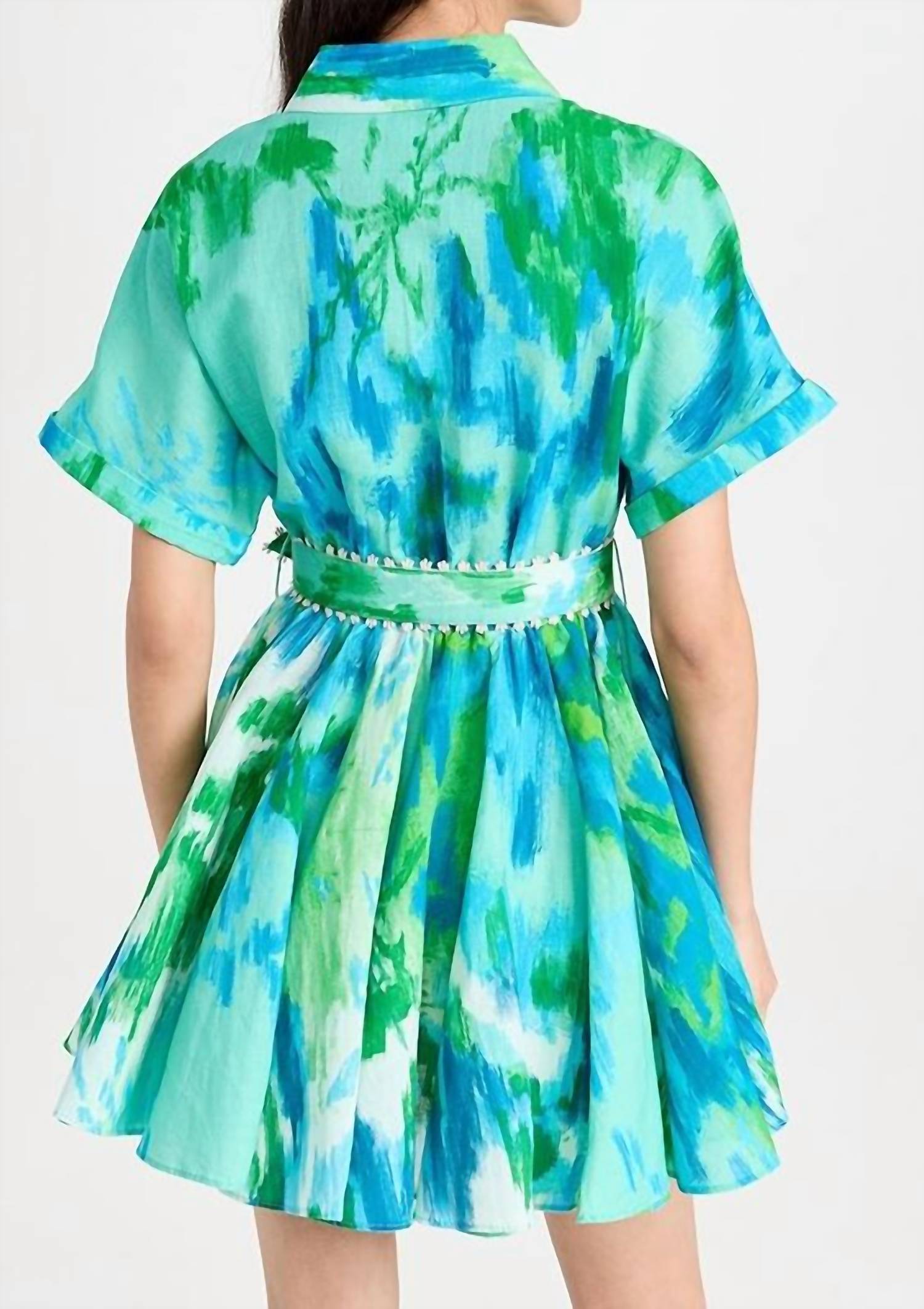 HEMANT & NANDITA Short Dress With Buckle Belt With Collar in blue green - women's dress - detail view