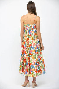 Fate - Front Bow Tie Floral Spaghetti Strap Midi Dress