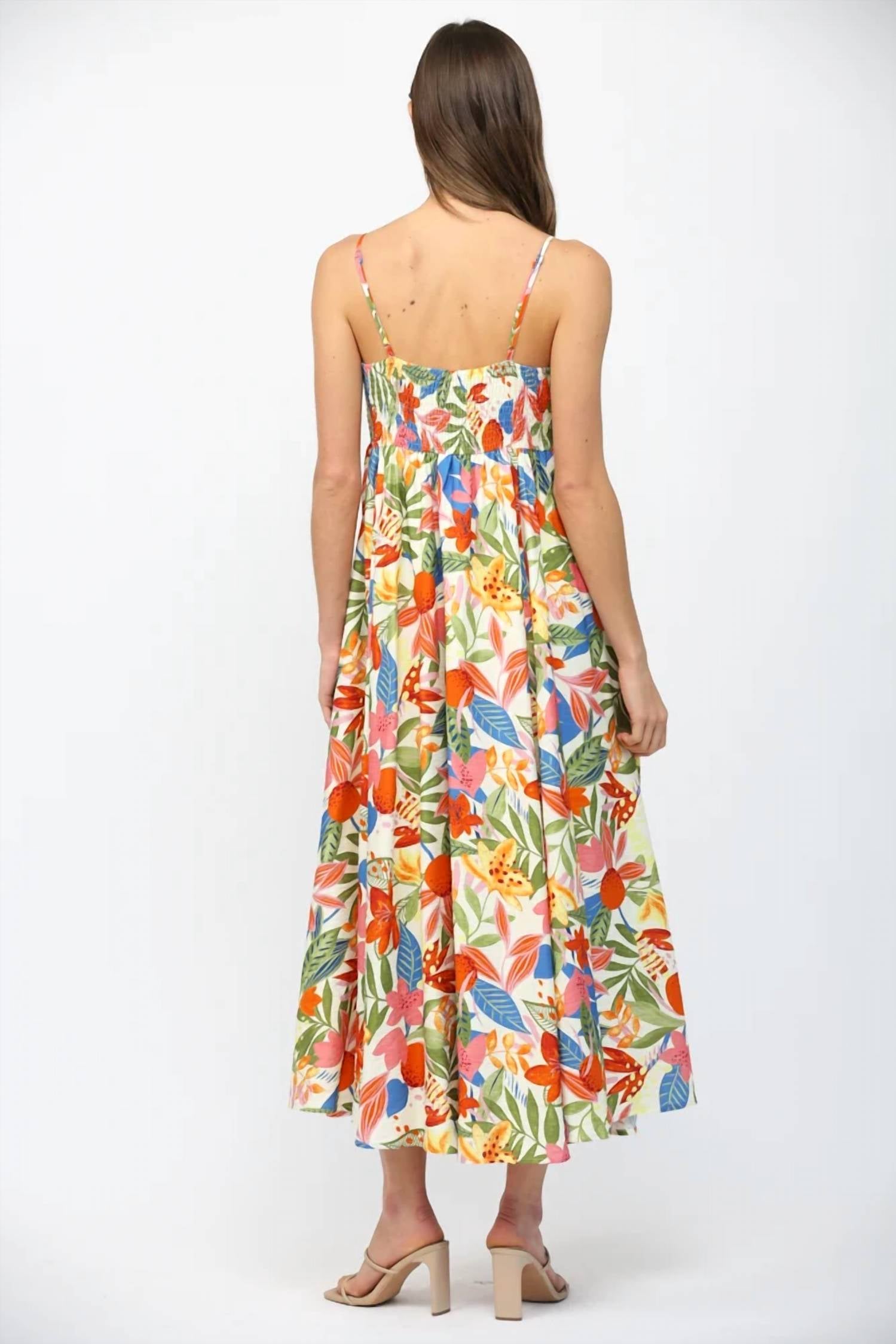 Fate - Front Bow Tie Floral Spaghetti Strap Midi Dress