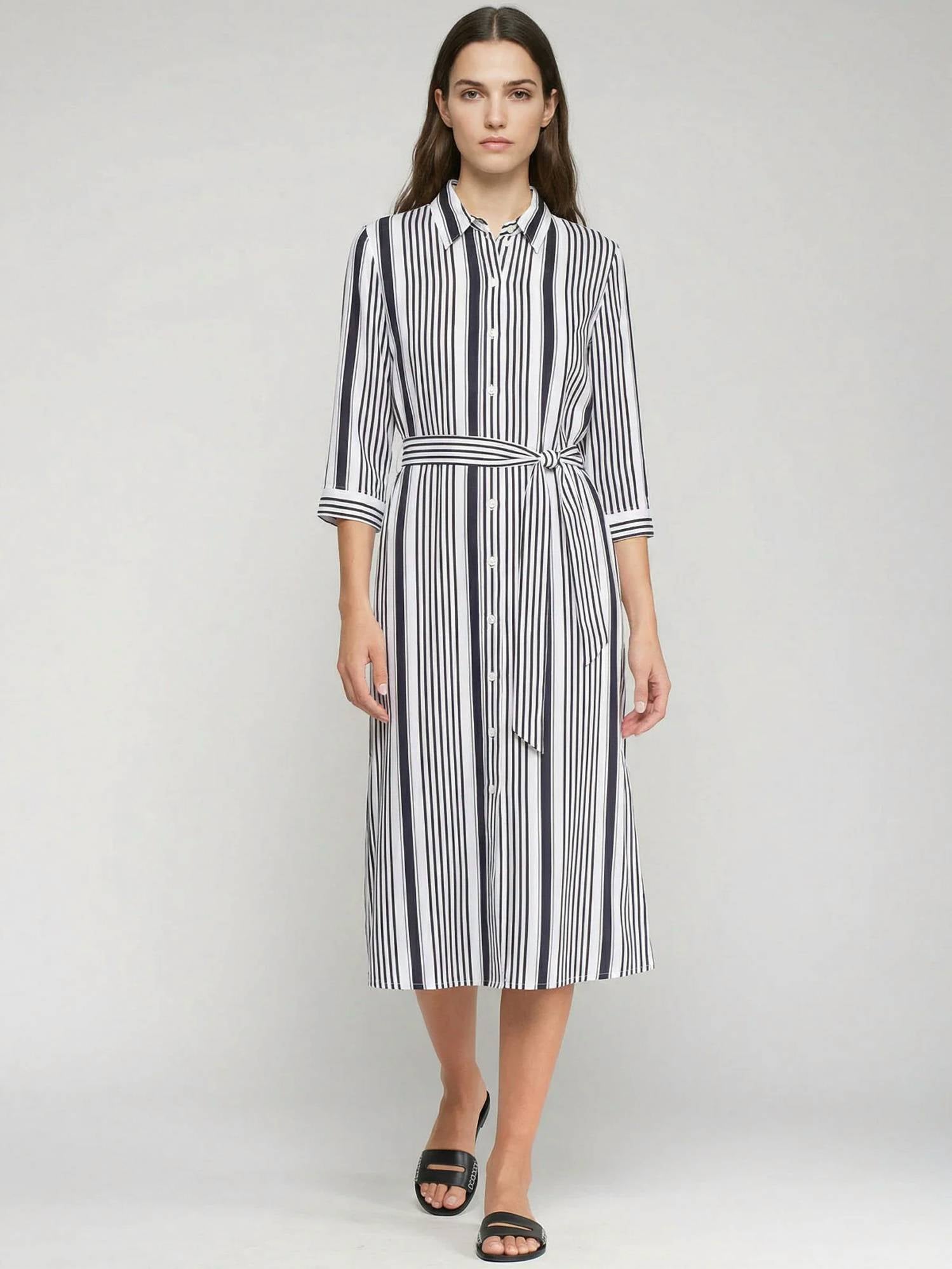 Vilagallo - 3/4 Sleeve Stripe Midi Shirt Dress