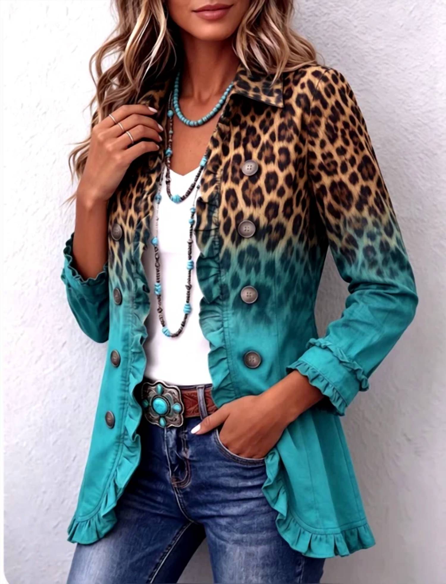 Vovalin - Leopard Ombre Ruffle Blazer Print Jacket