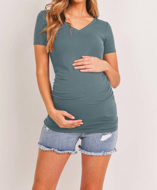 Hello Miz - Short Sleeve V-Neck Maternity Tee with Ruched Side