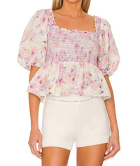 Something Navy - Floral Smocked Puff Shoulder Top
