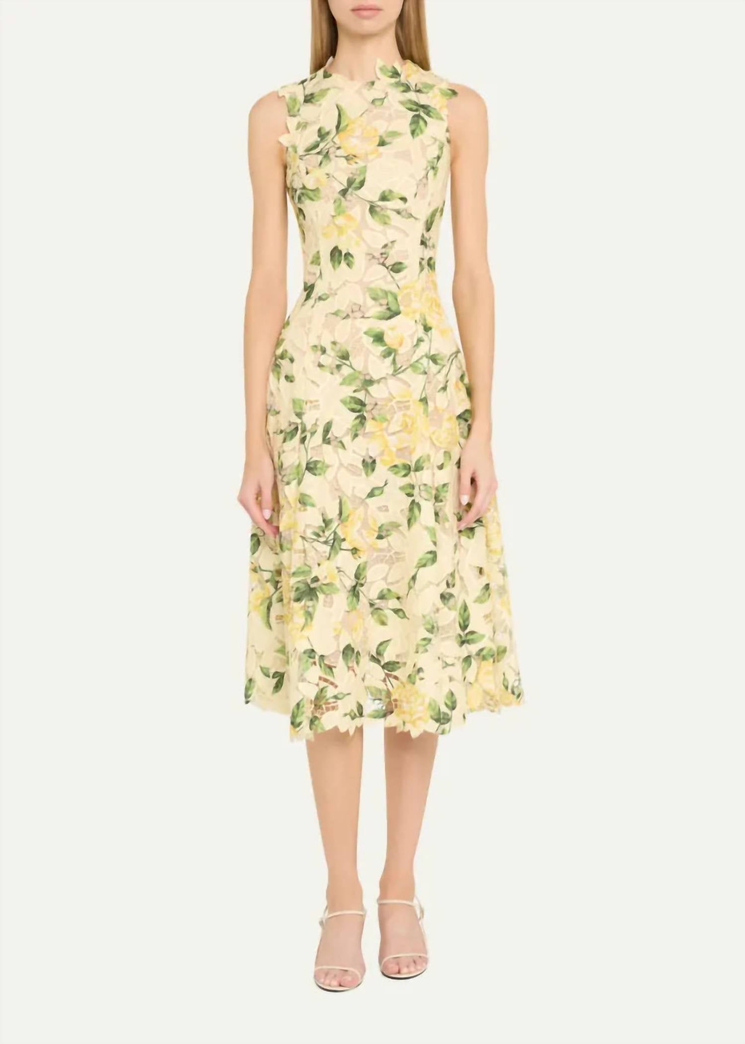 Oscar De La Renta - Sleeveless Printed Garden Rose Guipure Dress