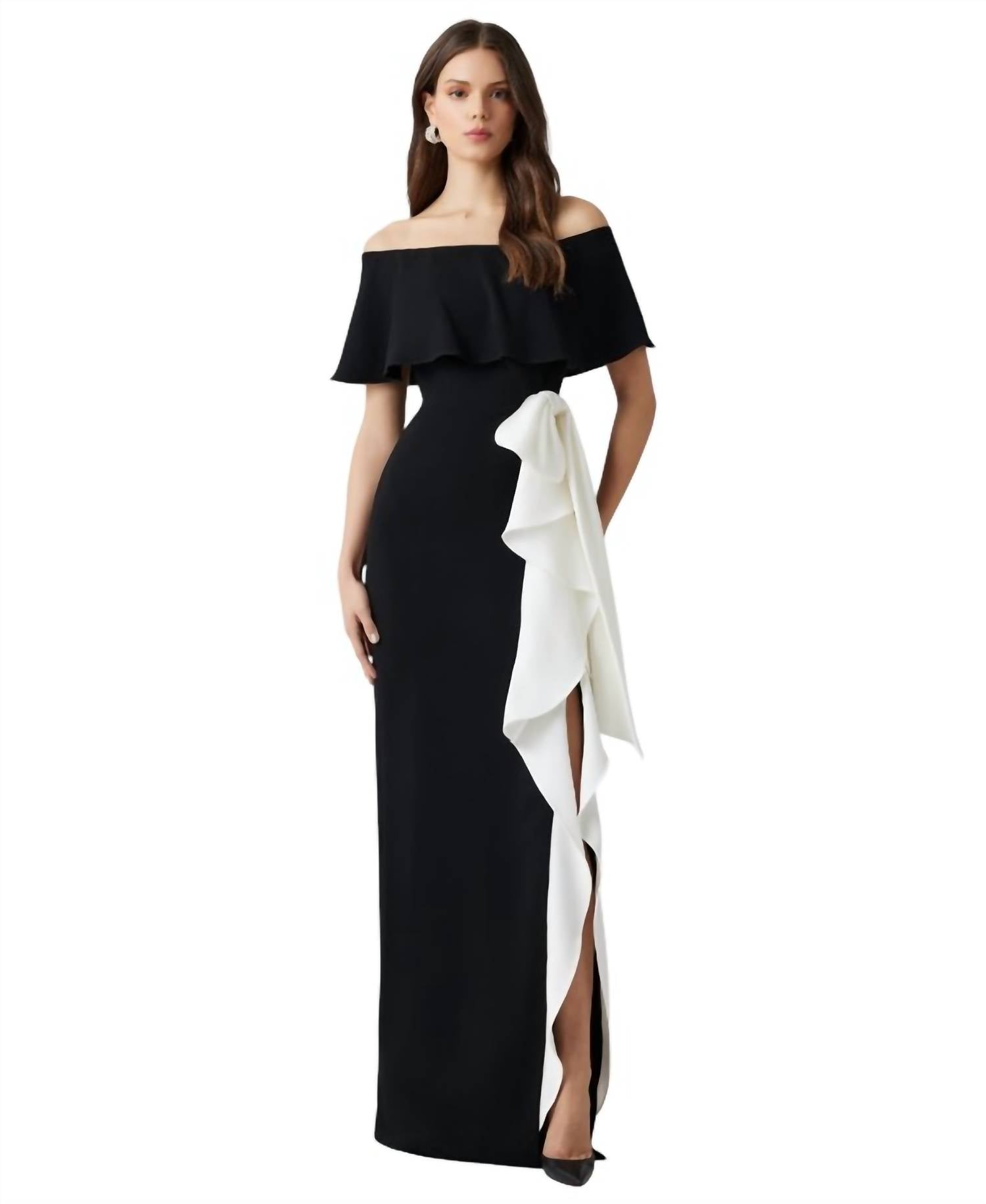 Teri Jon - Crepe Off The Shoulder Flounce Bow Gown