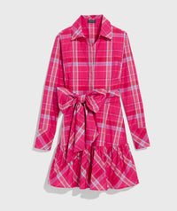 vineyard vines TIE-WAIST SHIRT DRESS in party plaid pink - women's dress - detail view