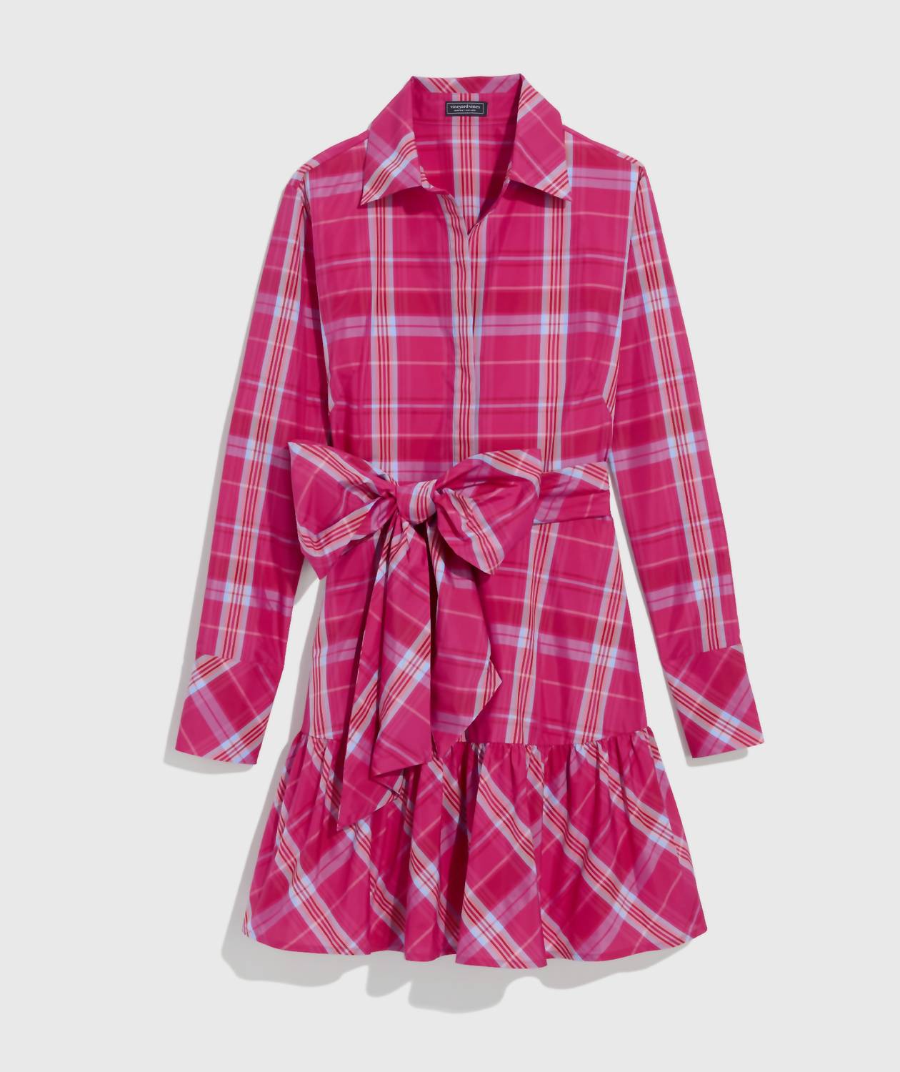 vineyard vines TIE-WAIST SHIRT DRESS in party plaid pink - women's dress - detail view